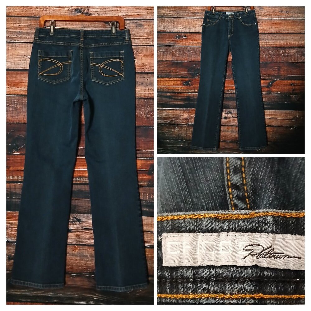 Chico's Platinum Jeans Size 1 US 8 Slim Boot Cut Mid Rise Dark Wash Denim